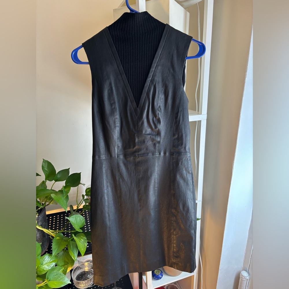 Theory Black Leather Dress with Rib V-Neck. Brand new and never worn!